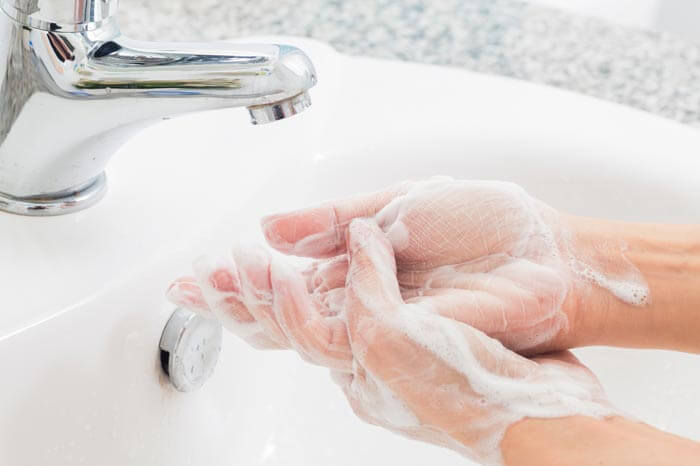 Close up of washing hands in a sink.